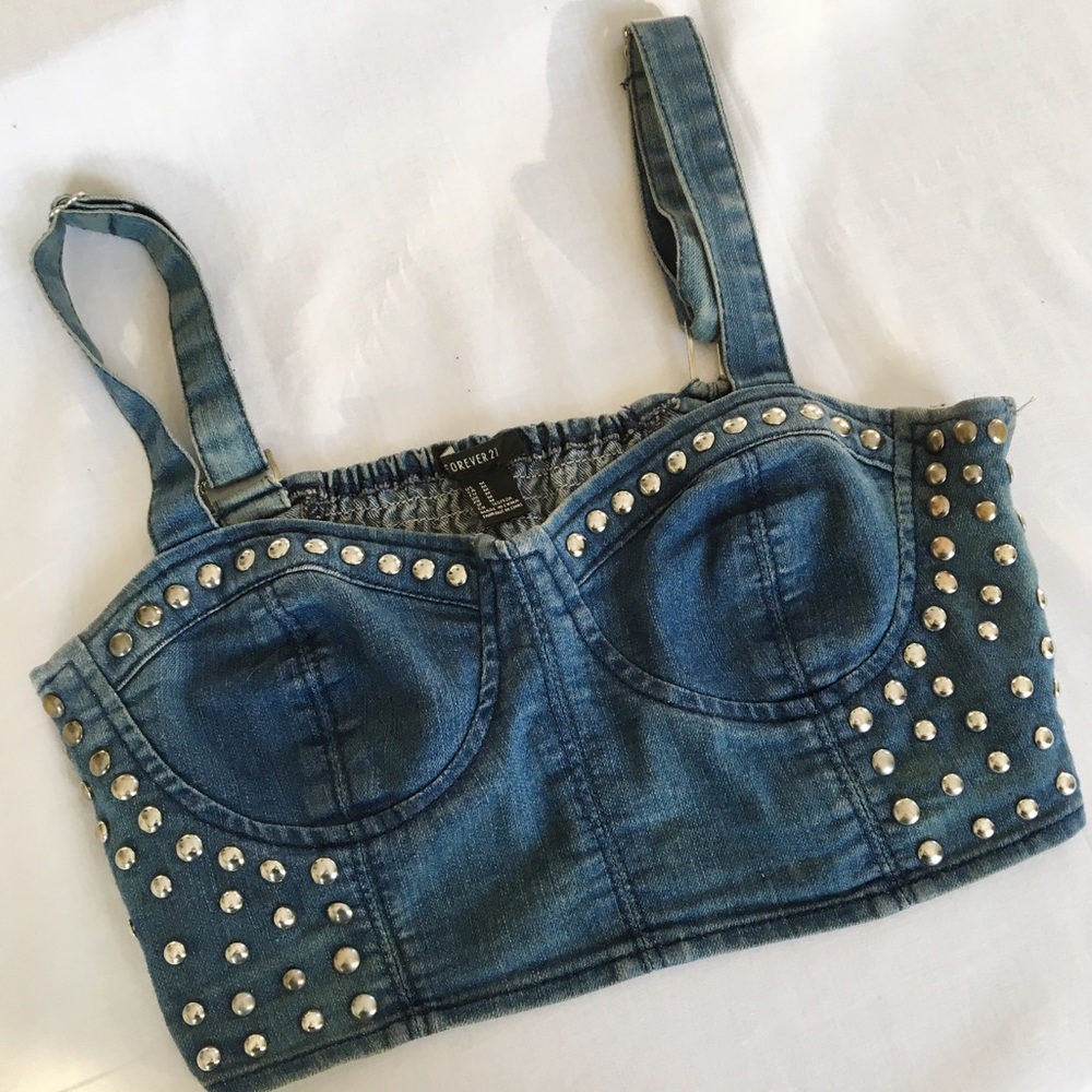 FOREVER 21 STUDDED DENIM BANDEAU TOP